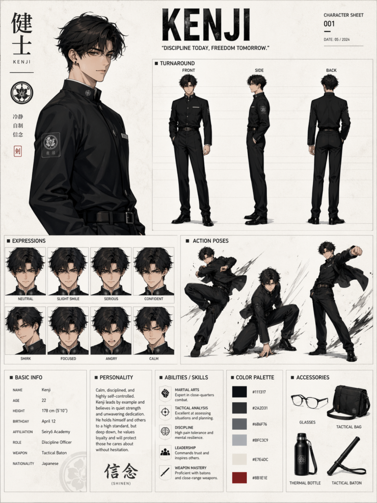 Anime character design sheet poster with multiple poses and structured layout