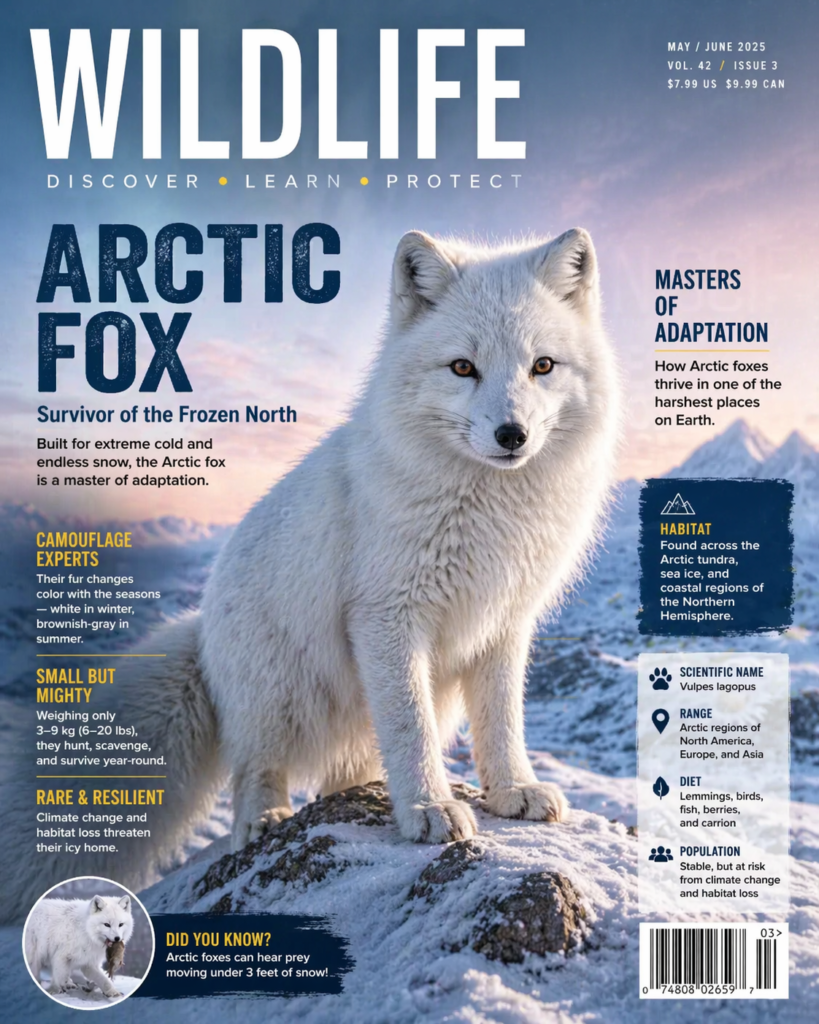 Arctic fox wildlife magazine cover with detailed layout and readable text design