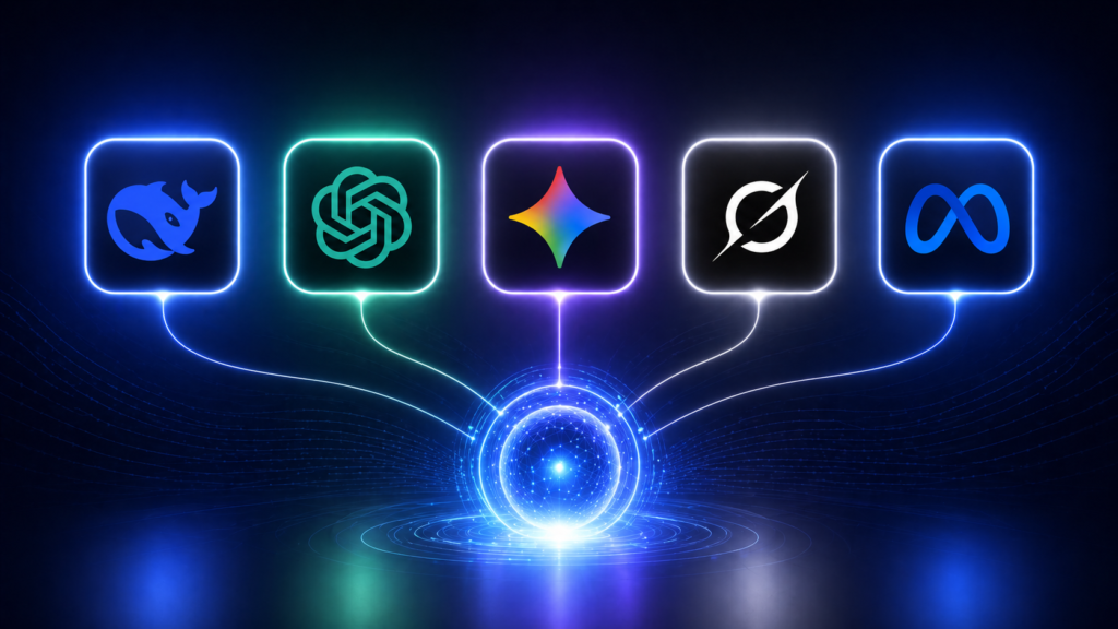 AI platforms comparison illustration showing DeepSeek ChatGPT Gemini Grok and Meta logos with futuristic minimal design