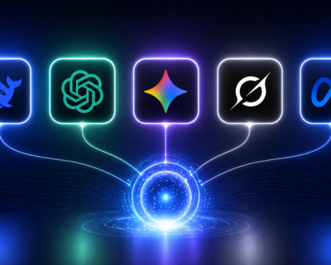 AI platforms comparison illustration showing DeepSeek ChatGPT Gemini Grok and Meta logos with futuristic minimal design