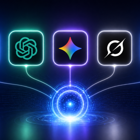 AI platforms comparison illustration showing DeepSeek ChatGPT Gemini Grok and Meta logos with futuristic minimal design
