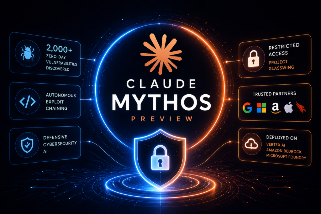 Claude Mythos AI cybersecurity model illustration showing advanced vulnerability detection and restricted access system