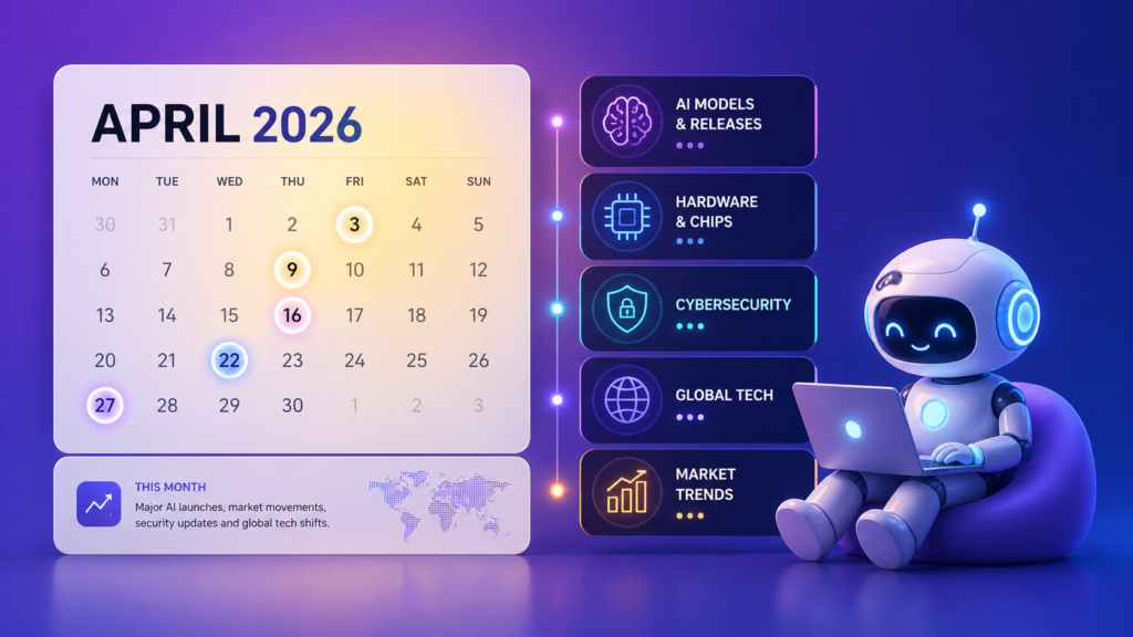 AI news April 2026 illustration showing calendar with technology updates and categories like AI models hardware cybersecurity and market trends
