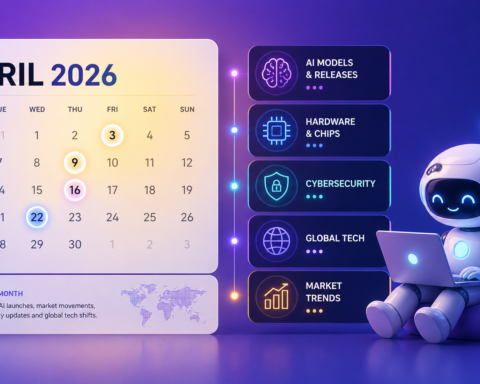 AI news April 2026 illustration showing calendar with technology updates and categories like AI models hardware cybersecurity and market trends