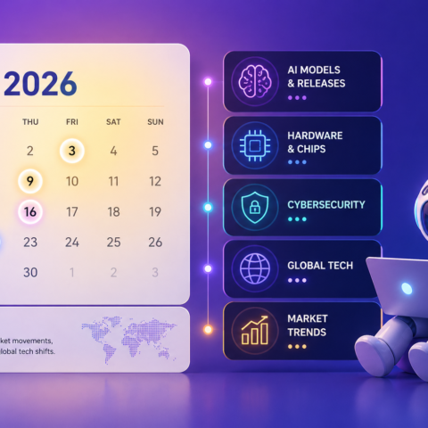AI news April 2026 illustration showing calendar with technology updates and categories like AI models hardware cybersecurity and market trends