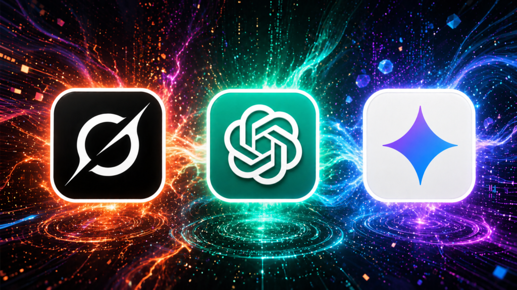 Grok ChatGPT Gemini logos comparison with futuristic neon tech background
