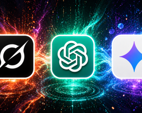 Grok ChatGPT Gemini logos comparison with futuristic neon tech background