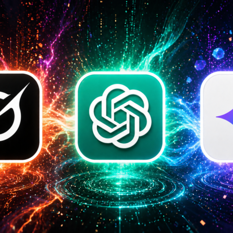 Grok ChatGPT Gemini logos comparison with futuristic neon tech background