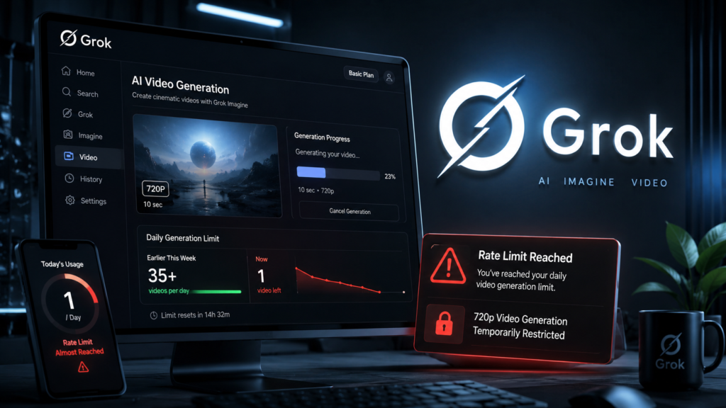 Futuristic AI news thumbnail showing Grok AI video generation dashboard with warning popups about reduced 720p video generation limits and rate limit exhaustion.