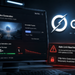 Futuristic AI news thumbnail showing Grok AI video generation dashboard with warning popups about reduced 720p video generation limits and rate limit exhaustion.