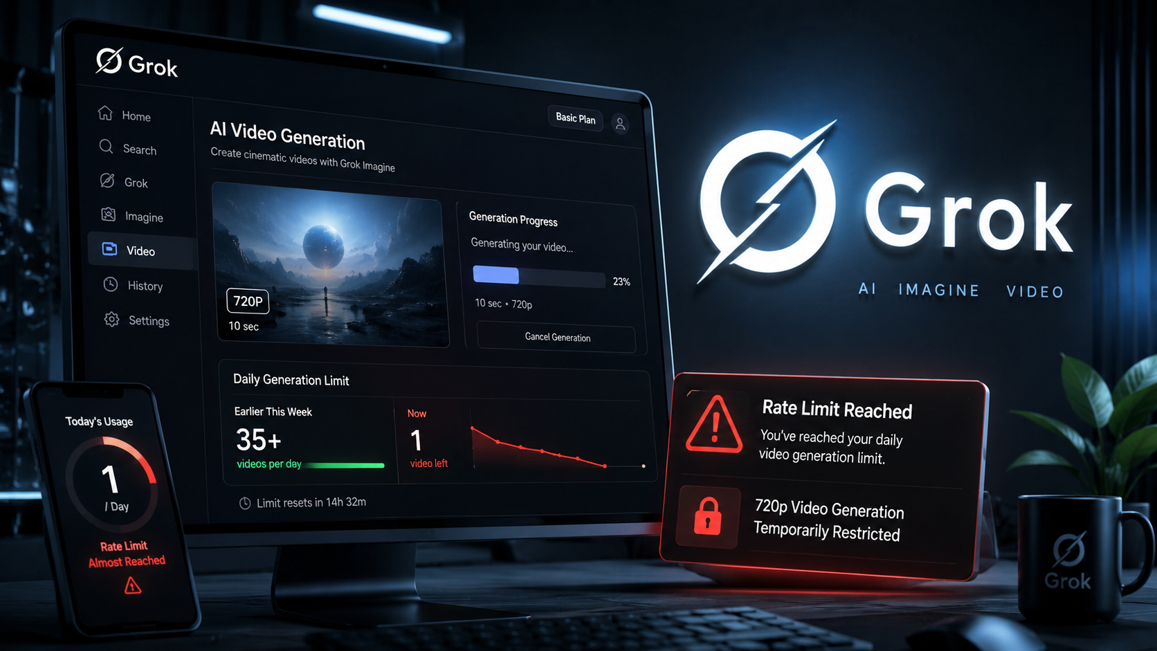 Futuristic AI news thumbnail showing Grok AI video generation dashboard with warning popups about reduced 720p video generation limits and rate limit exhaustion.