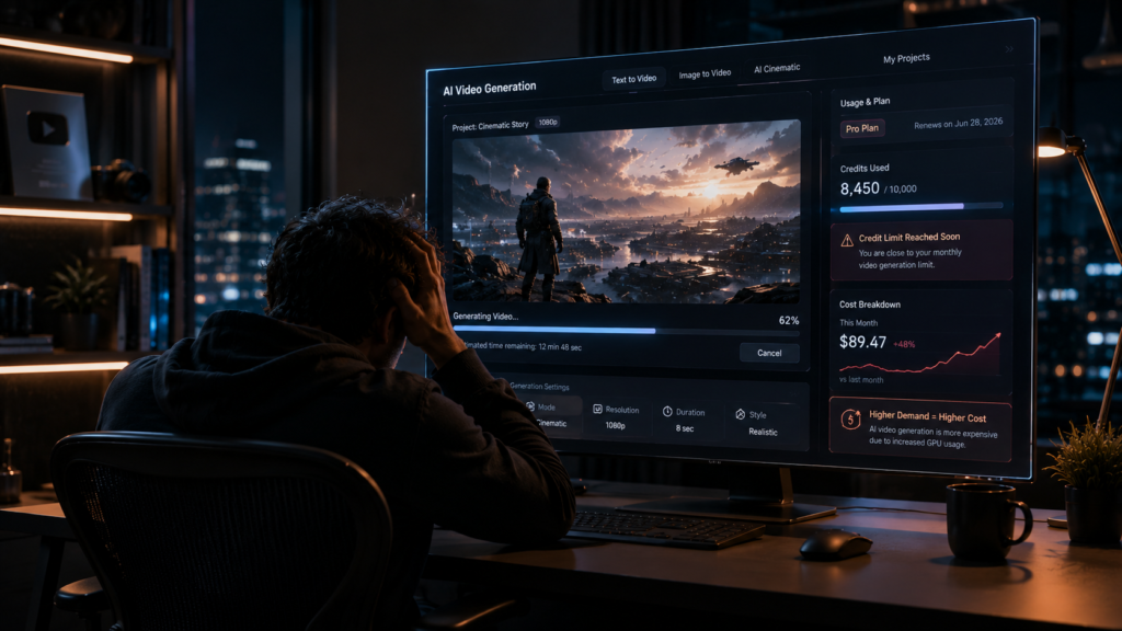 Cinematic AI creator workspace showing a man from behind watching rising AI video generation costs and credit usage on a futuristic video rendering dashboard.