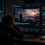 Cinematic AI creator workspace showing a man from behind watching rising AI video generation costs and credit usage on a futuristic video rendering dashboard.