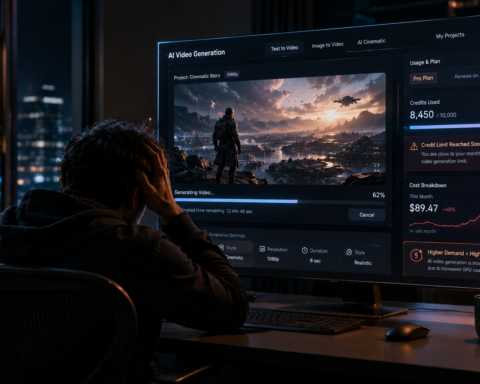Cinematic AI creator workspace showing a man from behind watching rising AI video generation costs and credit usage on a futuristic video rendering dashboard.