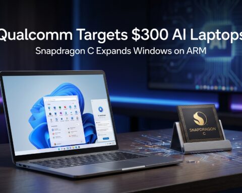 Qualcomm Snapdragon C processor showcased alongside a modern Windows laptop, highlighting the company's push for affordable AI-powered laptops and ARM-based Windows computing.