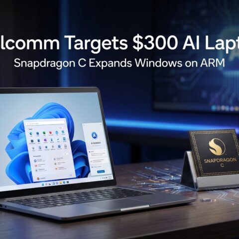 Qualcomm Snapdragon C processor showcased alongside a modern Windows laptop, highlighting the company's push for affordable AI-powered laptops and ARM-based Windows computing.