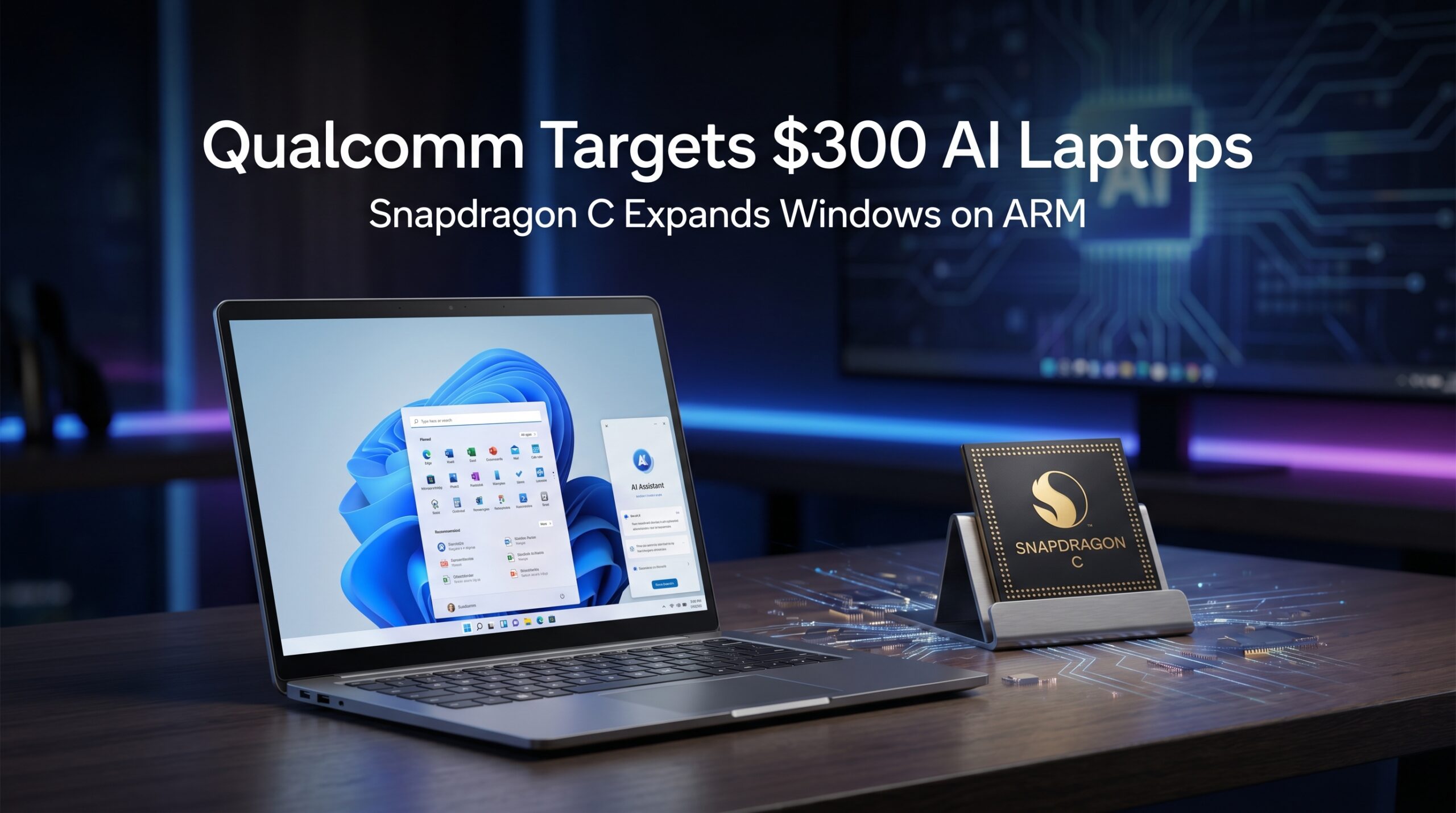 Qualcomm Snapdragon C processor showcased alongside a modern Windows laptop, highlighting the company's push for affordable AI-powered laptops and ARM-based Windows computing.