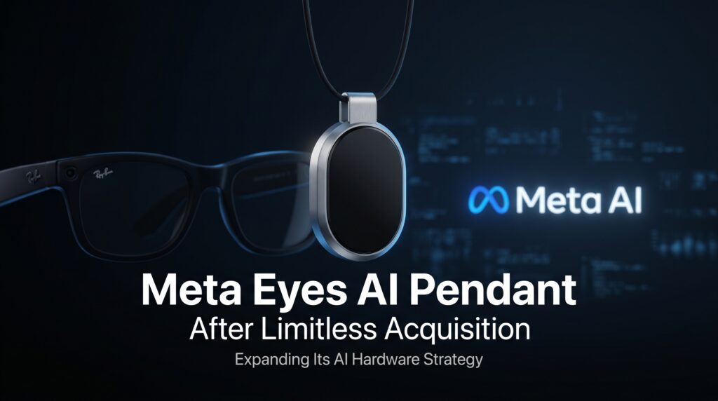 AI pendant wearable displayed with Meta branding and wearable technology elements, illustrating Meta's reported plans to expand its artificial intelligence hardware ecosystem following its acquisition of Limitless.