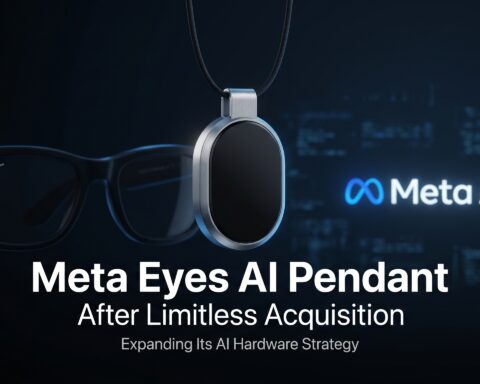 AI pendant wearable displayed with Meta branding and wearable technology elements, illustrating Meta's reported plans to expand its artificial intelligence hardware ecosystem following its acquisition of Limitless.