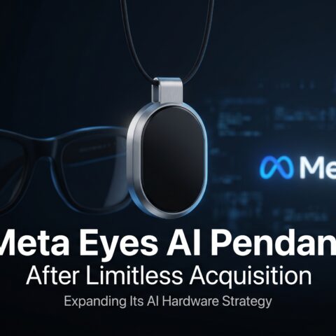 AI pendant wearable displayed with Meta branding and wearable technology elements, illustrating Meta's reported plans to expand its artificial intelligence hardware ecosystem following its acquisition of Limitless.
