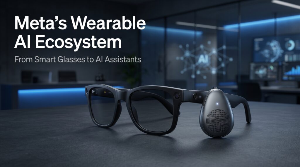 Ultra-realistic editorial image of smart glasses and an AI pendant wearable placed on a dark surface with blue tech lighting and faint AI network visuals, representing Meta’s wearable AI ecosystem.