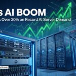 Dell AI server infrastructure inside a modern data center with a rising stock-market chart, illustrating the company's AI-driven growth and stock surge following strong enterprise demand.