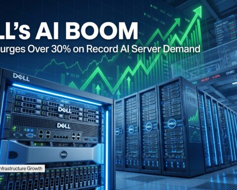 Dell AI server infrastructure inside a modern data center with a rising stock-market chart, illustrating the company's AI-driven growth and stock surge following strong enterprise demand.