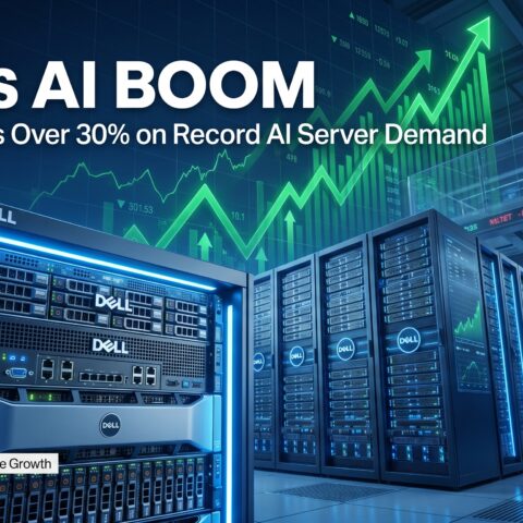 Dell AI server infrastructure inside a modern data center with a rising stock-market chart, illustrating the company's AI-driven growth and stock surge following strong enterprise demand.