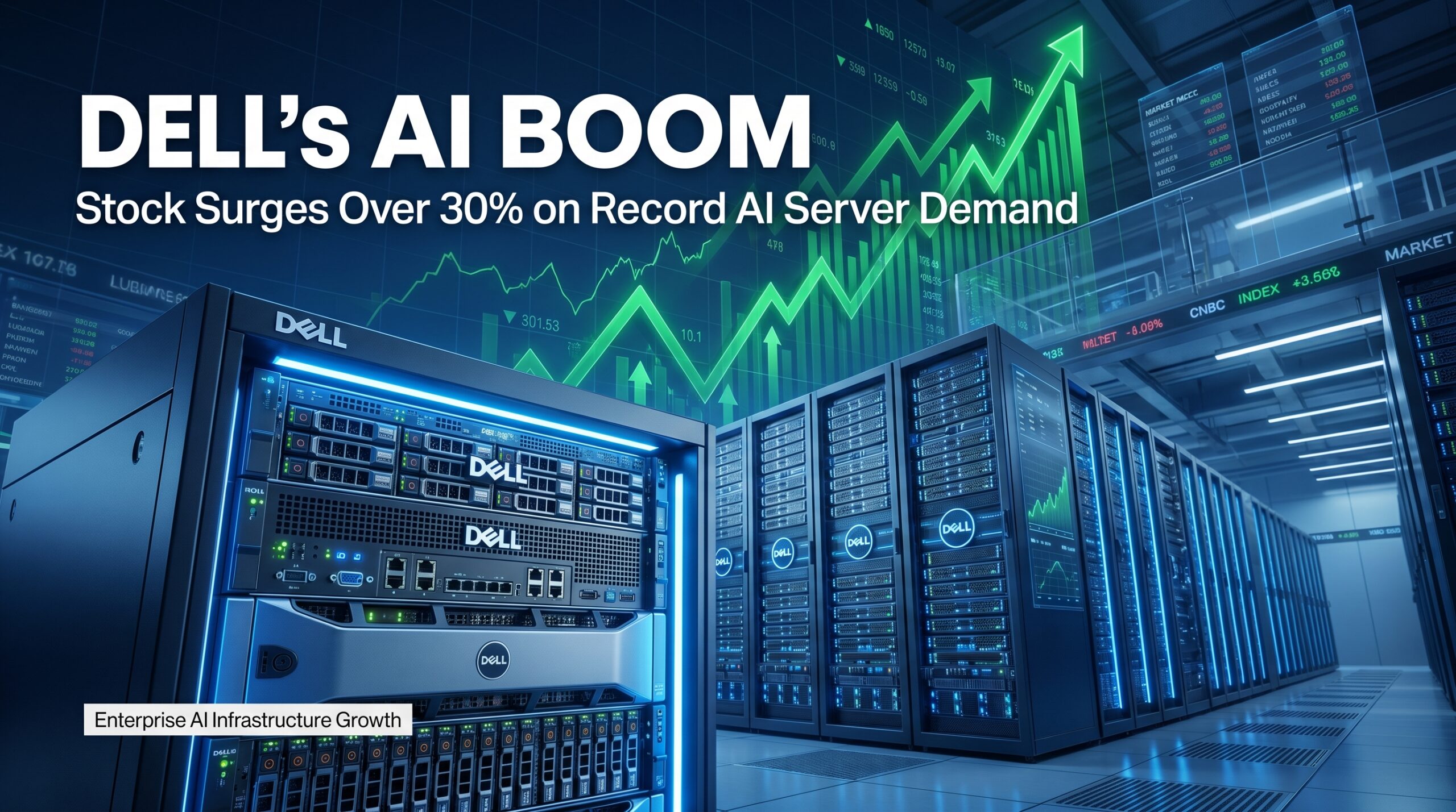 Dell AI server infrastructure inside a modern data center with a rising stock-market chart, illustrating the company's AI-driven growth and stock surge following strong enterprise demand.