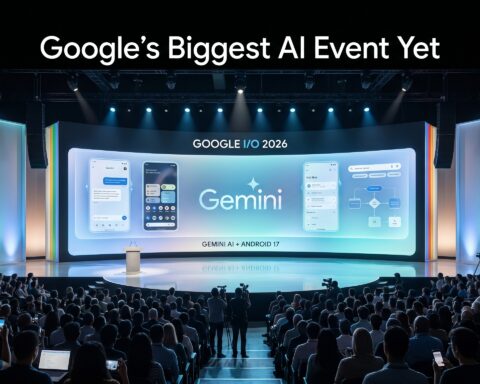 Large audience attending Google I/O 2026 keynote presentation featuring Gemini AI and Android 17 on a massive futuristic conference stage.