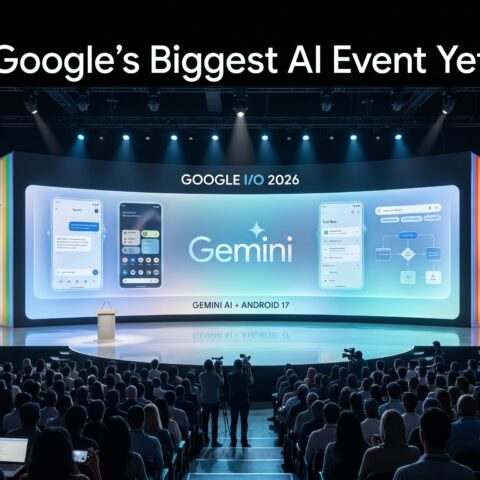 Large audience attending Google I/O 2026 keynote presentation featuring Gemini AI and Android 17 on a massive futuristic conference stage.