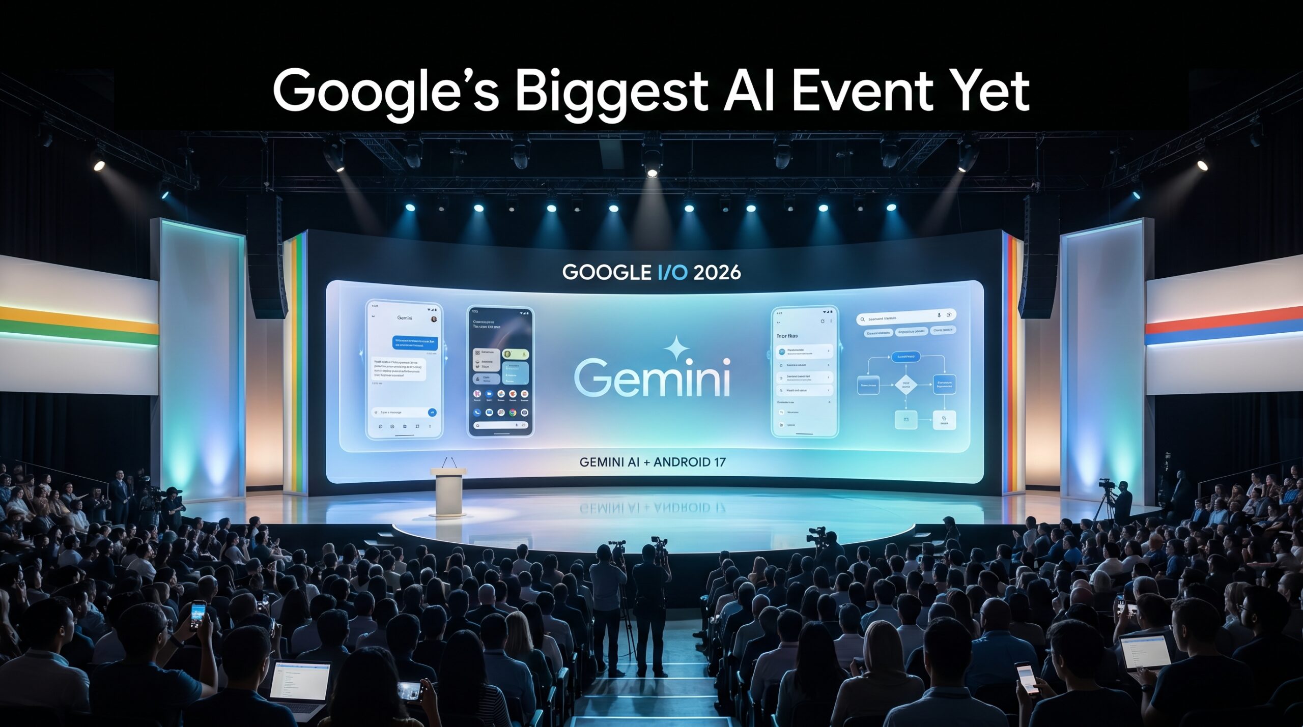 Large audience attending Google I/O 2026 keynote presentation featuring Gemini AI and Android 17 on a massive futuristic conference stage.