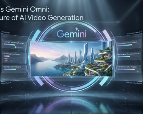 Futuristic Gemini Omni AI interface generating a cinematic world simulation during an advanced AI video generation process.