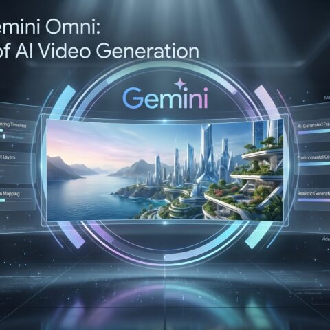 Futuristic Gemini Omni AI interface generating a cinematic world simulation during an advanced AI video generation process.
