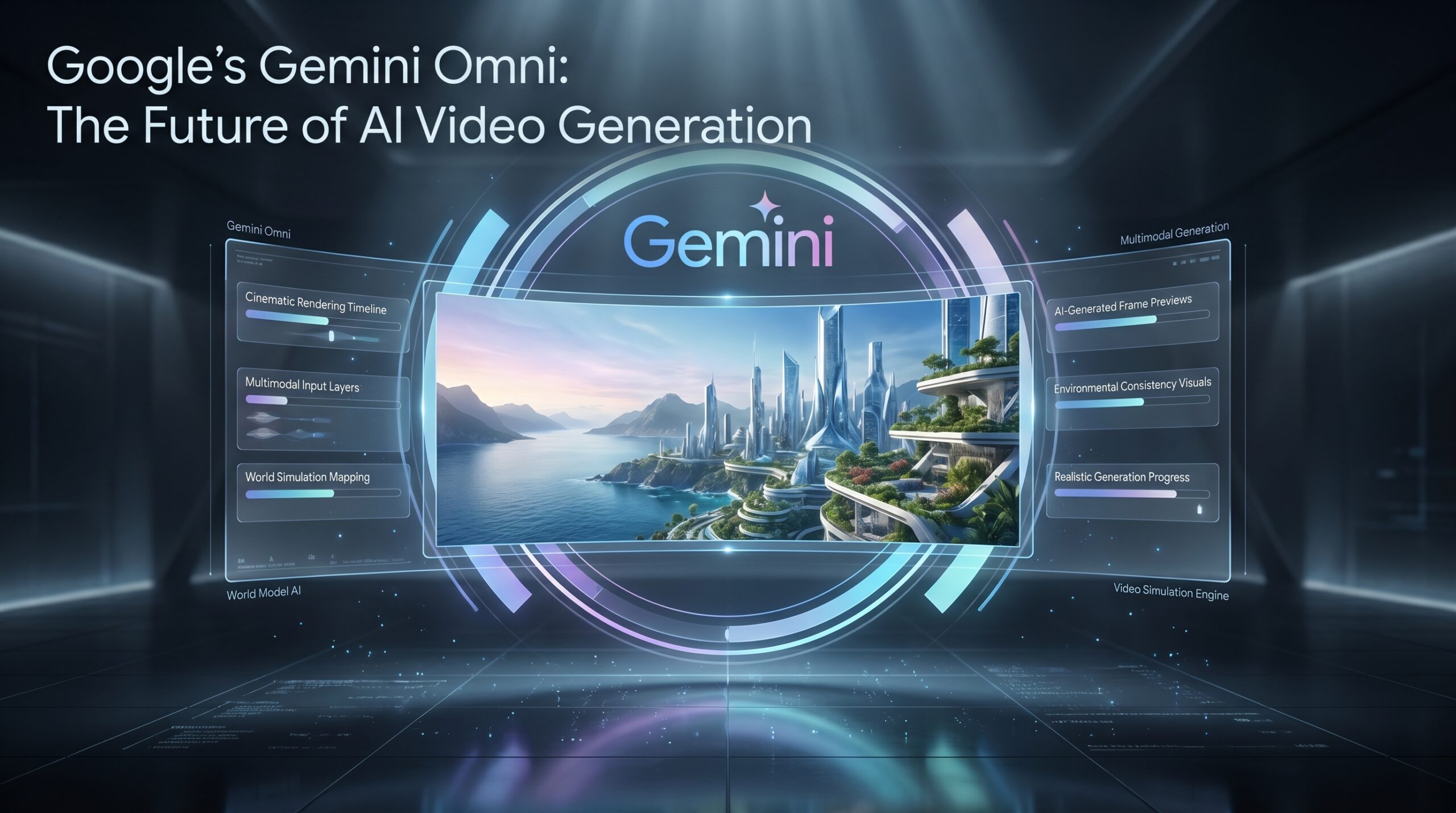 Futuristic Gemini Omni AI interface generating a cinematic world simulation during an advanced AI video generation process.
