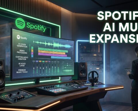 Spotify-themed AI music creation studio showing AI-generated remix and cover generation tools inside a futuristic streaming interface.