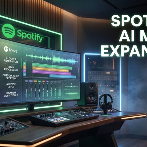 Spotify-themed AI music creation studio showing AI-generated remix and cover generation tools inside a futuristic streaming interface.