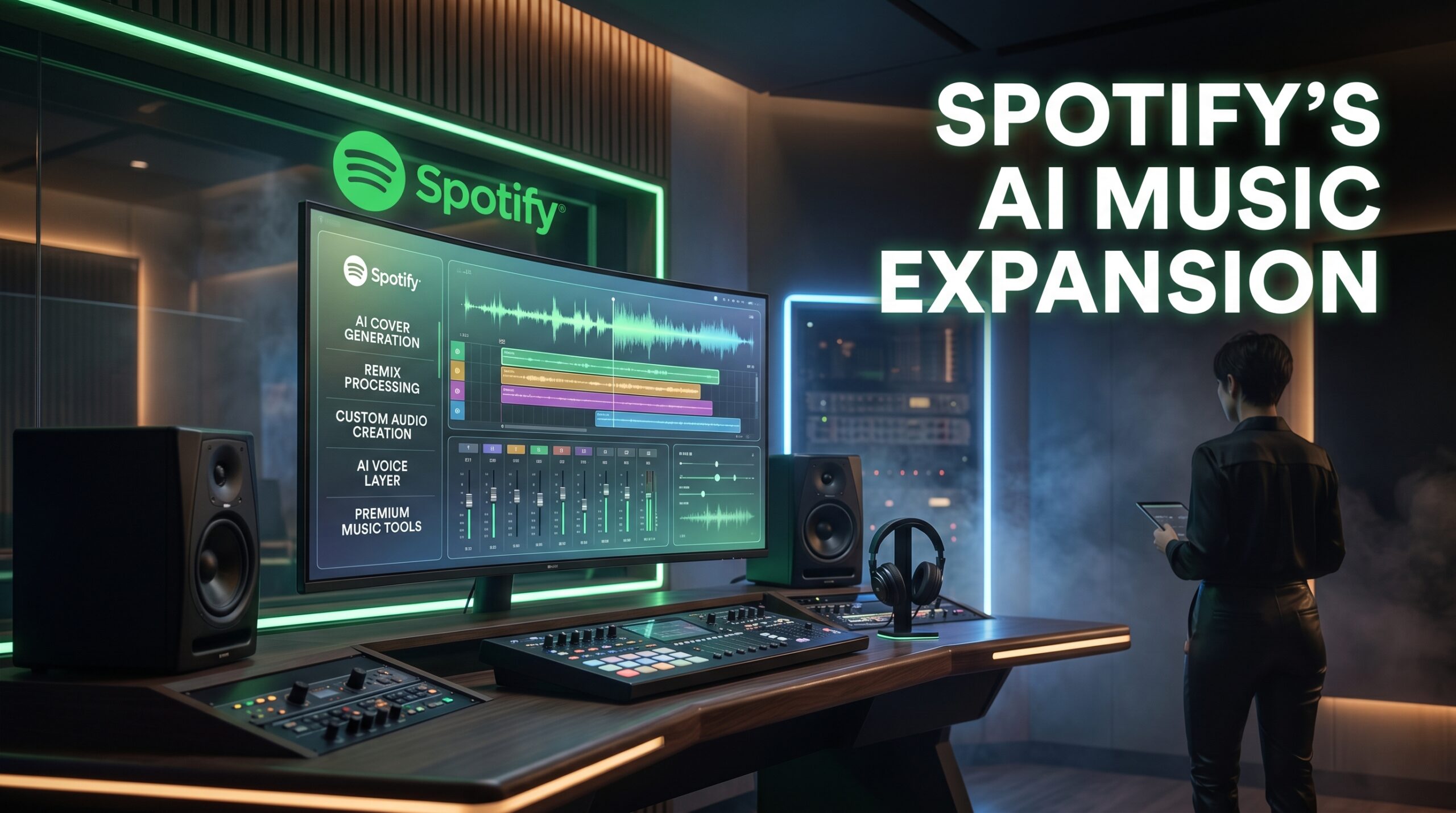 Spotify-themed AI music creation studio showing AI-generated remix and cover generation tools inside a futuristic streaming interface.