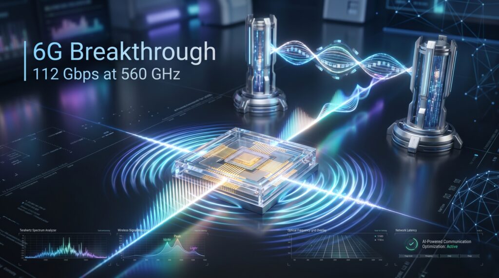 Futuristic 6G telecommunications system powered by microcomb technology transmitting ultra-fast wireless data through advanced terahertz networking infrastructure.