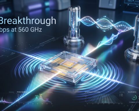 Futuristic 6G telecommunications system powered by microcomb technology transmitting ultra-fast wireless data through advanced terahertz networking infrastructure.