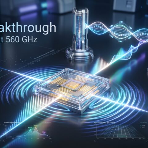 Futuristic 6G telecommunications system powered by microcomb technology transmitting ultra-fast wireless data through advanced terahertz networking infrastructure.