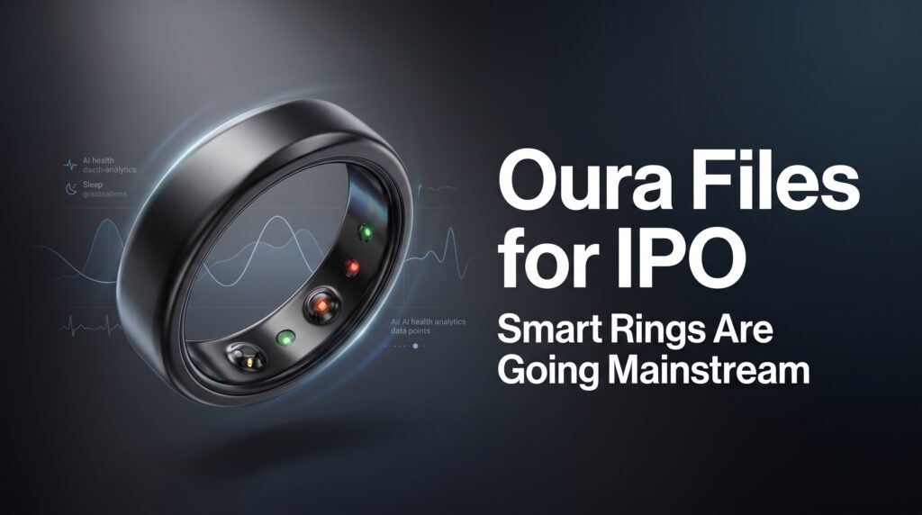 Premium smart ring inspired by Oura displayed in a modern editorial technology news graphic about the company’s IPO and the rise of biometric wearable devices.