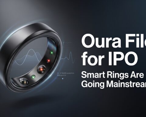 Premium smart ring inspired by Oura displayed in a modern editorial technology news graphic about the company’s IPO and the rise of biometric wearable devices.