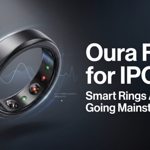 Premium smart ring inspired by Oura displayed in a modern editorial technology news graphic about the company’s IPO and the rise of biometric wearable devices.