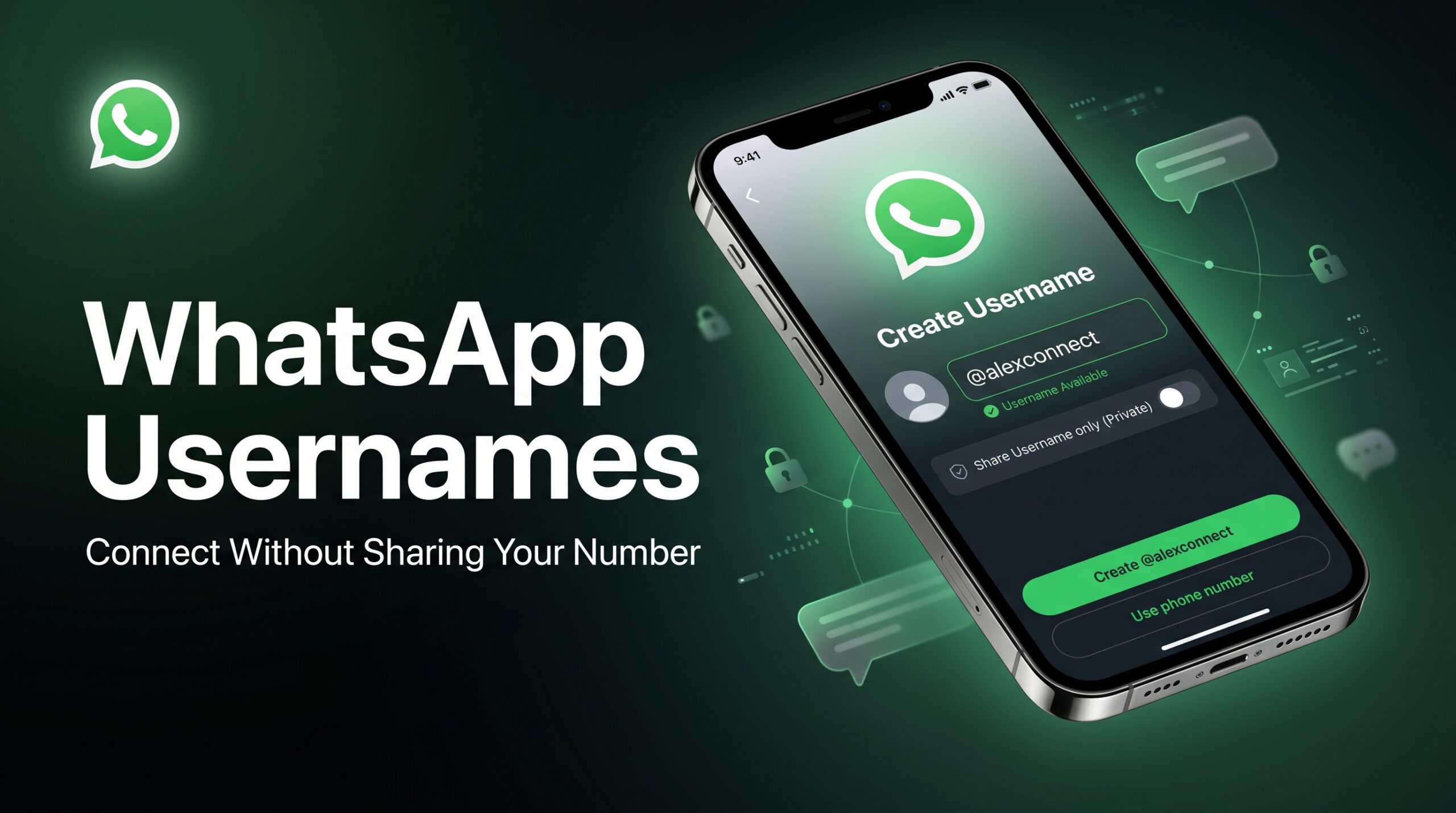 Smartphone displaying a WhatsApp username setup interface with the WhatsApp logo visible, representing the platform’s upcoming privacy-focused messaging upgrade.
