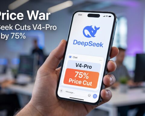 Smartphone displaying the DeepSeek AI app interface with a visible 75% V4-Pro price reduction announcement, representing the growing AI price war in the global artificial intelligence industry.