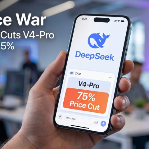 Smartphone displaying the DeepSeek AI app interface with a visible 75% V4-Pro price reduction announcement, representing the growing AI price war in the global artificial intelligence industry.