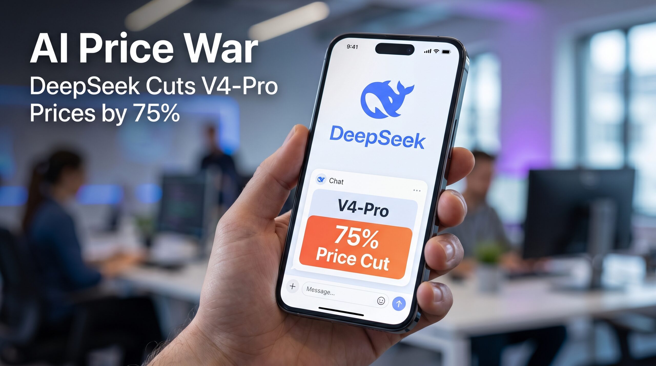 Smartphone displaying the DeepSeek AI app interface with a visible 75% V4-Pro price reduction announcement, representing the growing AI price war in the global artificial intelligence industry.