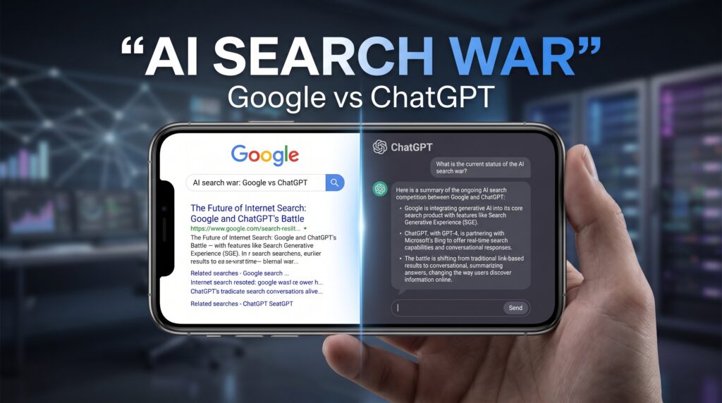 Split-screen technology news graphic showing Google Search and ChatGPT interfaces competing as AI-powered search transforms the future of internet browsing.