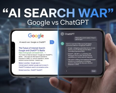 Split-screen technology news graphic showing Google Search and ChatGPT interfaces competing as AI-powered search transforms the future of internet browsing.